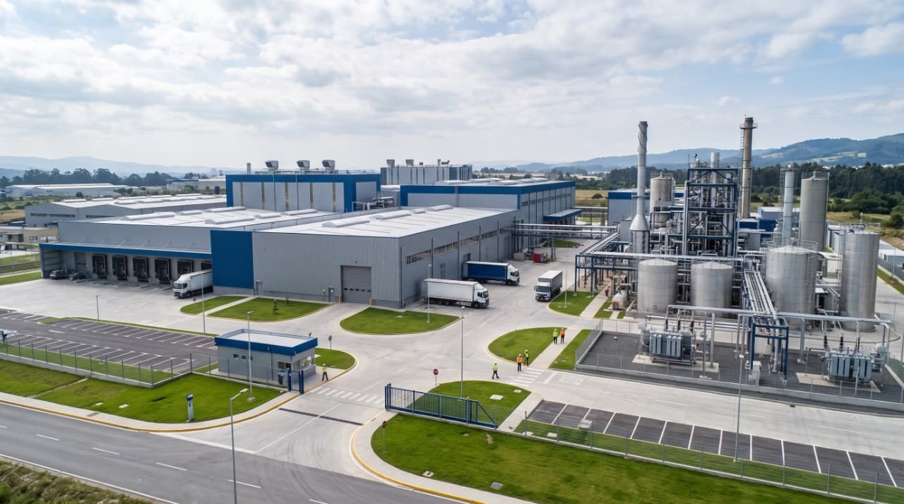 Planta industrial con naves, tanques y camiones vista desde las alturas